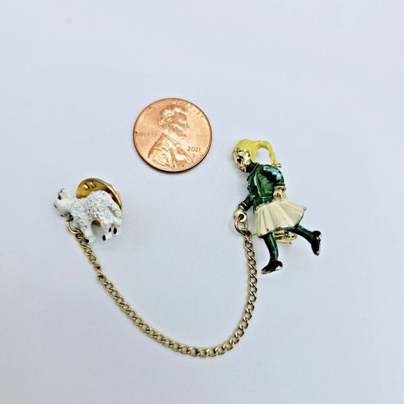 Double Brooch Vintage Blonde Girl Walking Lamb Pet Enamel Gold Tone Jewelry Pin - Picture 3 of 8